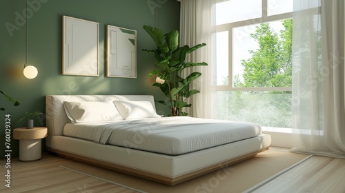 Interior design of a modern bedroom in green colors with a large window