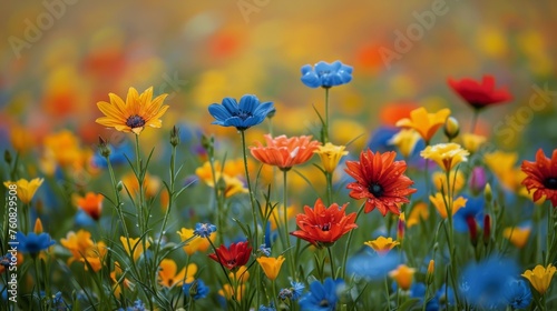 Colorful Flowers Blooming in Sunny Field