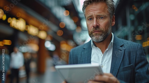 Man in Suit Looking at Tablet
