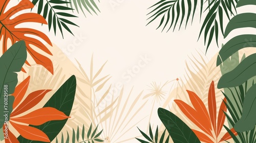 a green, orange and white tropical background with palm leaves on a beige background with a white space in the middle.