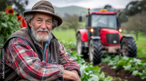 An elderly farmer in close-up against the background of a planted field and a red tractor.
