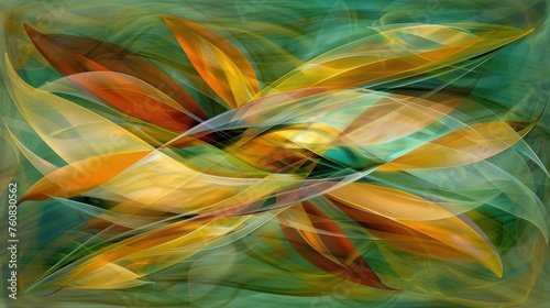 a digital painting of a yellow flower with green and orange petals in the center of the image, with a green background.