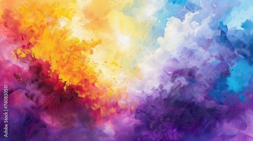 a painting of a multicolored sky with white clouds and a blue sky with white clouds and a red, yellow, purple, and blue sky with white clouds.