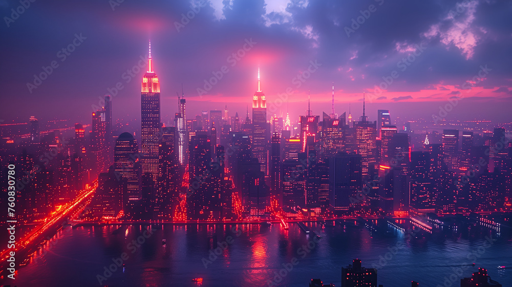 Digital artwork captures New  City's skyline in a cyberpunk aesthetic, illuminated by vibrant neon lights amid a purple and pink futuristic nightscape. Generative AI