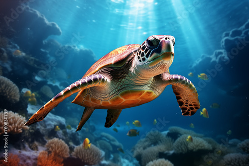 Sea Turtle Swimming in Coral Reef © YULIIA