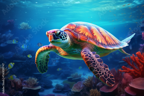 Sea Turtle Swimming in Aquarium