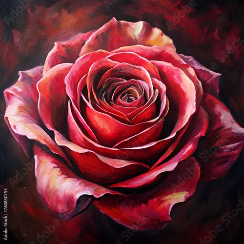 Radiant Reverie: A Captivating Oil Painting of a Crimson Rose in Full Bloom