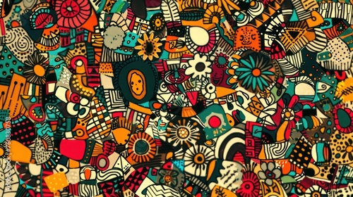 a very colorful wallpaper with lots of different shapes and sizes of things on it  including flowers  leaves  and dots.