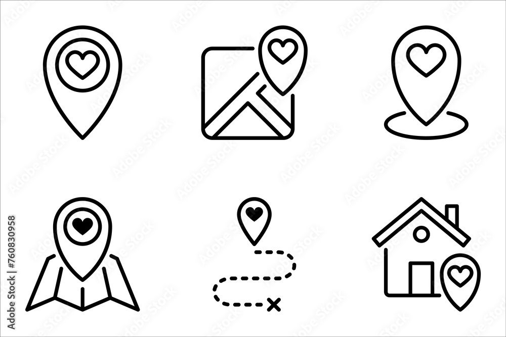 map pin icon set, location pin icon set, map pointer with heart icon vector illustration on white background map pin icon set, location pin icon set, map pointer with heart icon vector illustration on white background