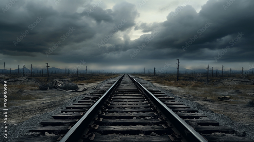 A panoramic view of crisscrossing railway tracks, adorned by an overcast sky. - obrazy, fototapety, plakaty 