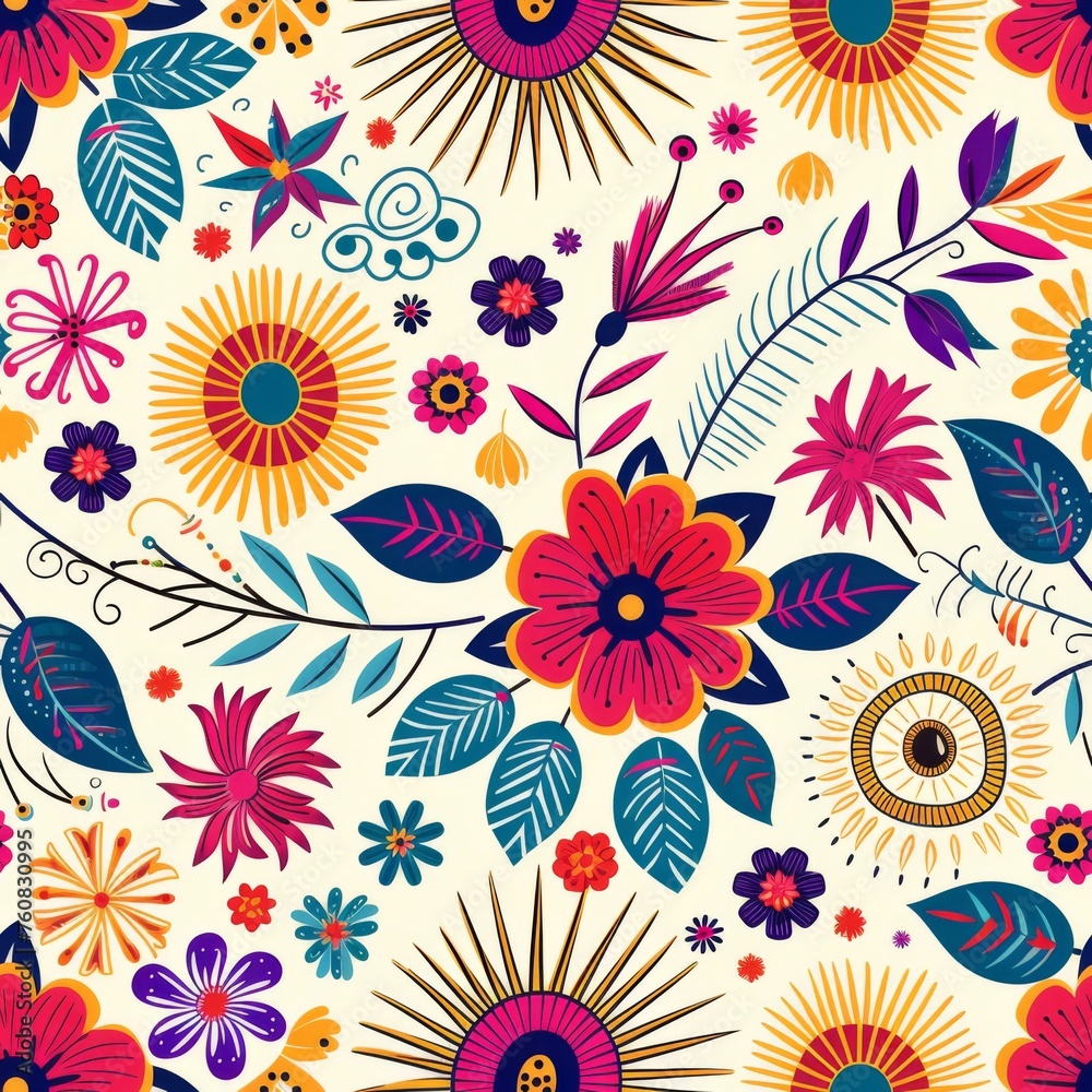 Radiant seamless pattern with Latin flair, showcasing bright flowers and playful elements, perfect for vibrant designs and decor.
