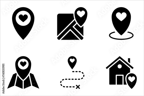map pin icon set, location pin icon set, map pointer with heart icon vector illustration on white background