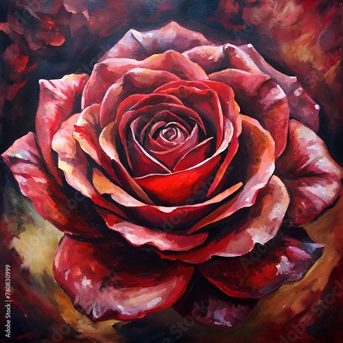 Radiant Reverie: A Captivating Oil Painting of a Crimson Rose in Full Bloom