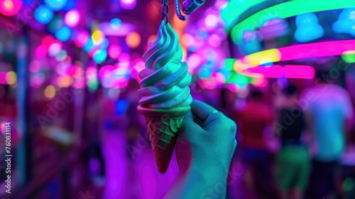 a person holding an ice cream cone in front of a brightly lit room with neon lights on the walls and ceiling.