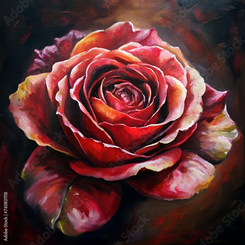 Radiant Reverie: A Captivating Oil Painting of a Crimson Rose in Full Bloom