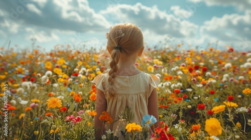Little Girl Standing in Field of Flowers