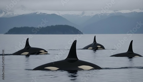 A Group Of Orcas Hunting Together In The Deep