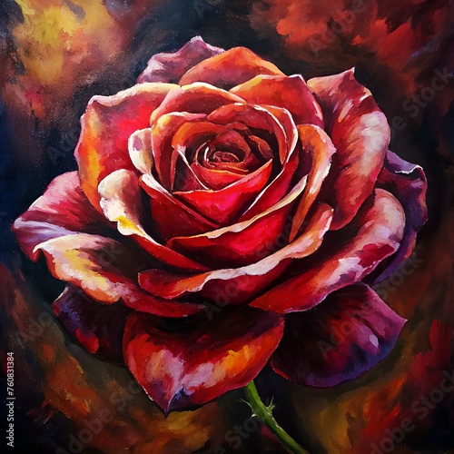 Radiant Reverie: A Captivating Oil Painting of a Crimson Rose in Full Bloom