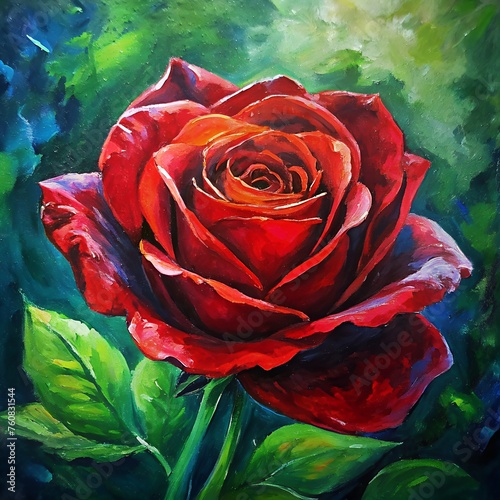 Radiant Reverie: A Captivating Oil Painting of a Crimson Rose in Full Bloom