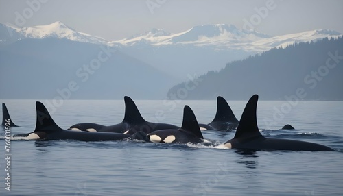 A Pod Of Orcas Hunting A School Of Fish © Amna