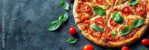 Rustic pizza on black background with tomatoes and cheese, italian fast food concept