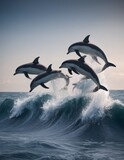 A pod of dolphins soar in unison over a dramatic cresting wave, their coordinated movement reflecting the intricate social bonds of these intelligent creatures. The scene is a breathtaking display of