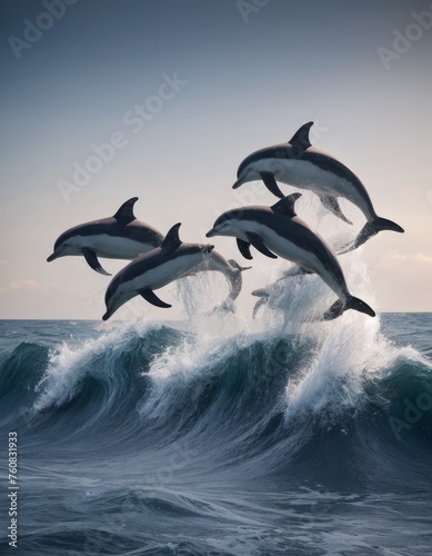 A pod of dolphins soar in unison over a dramatic cresting wave  their coordinated movement reflecting the intricate social bonds of these intelligent creatures. The scene is a breathtaking display of