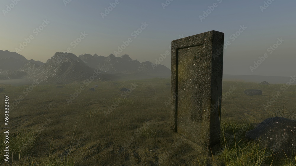 there is a door in the middle of a grassy field with mountains in the backgroup of the picture. there is a door in the middle of a grassy field with mountains in the backgroup of the picture.