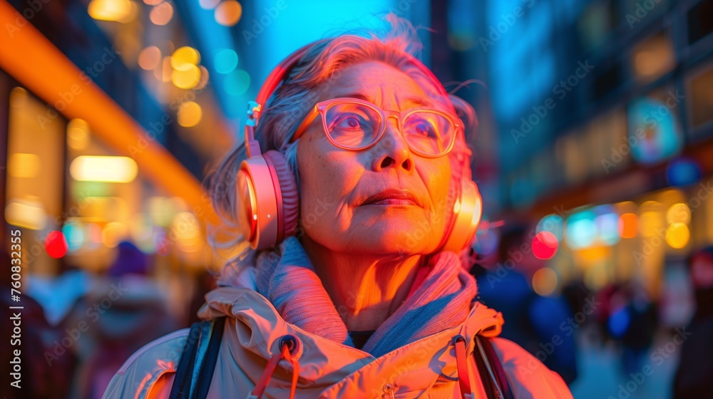 Elderly Woman Wearing Headphones on Urban Street Elderly Woman Wearing Headphones on Urban Street