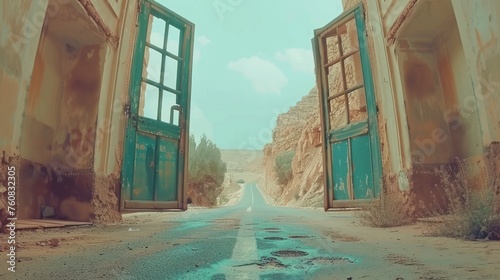 a dirt road with two open doors on each side of it and a dirt road in the middle of the road. photo