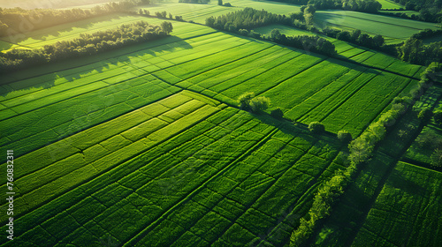 Aerial drone view of acres of green fields, with a sunny landscape, beautiful nature, and harvest farms. Top view from above of green grass and forest.