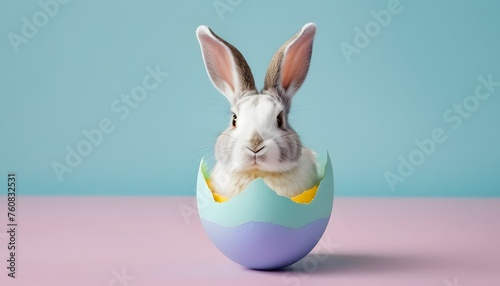 Rabbit in a painted egg on a pink and blue background