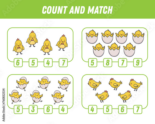 Education game for children count and match of cute cartoon chickens. Funny easter chicken. Vector