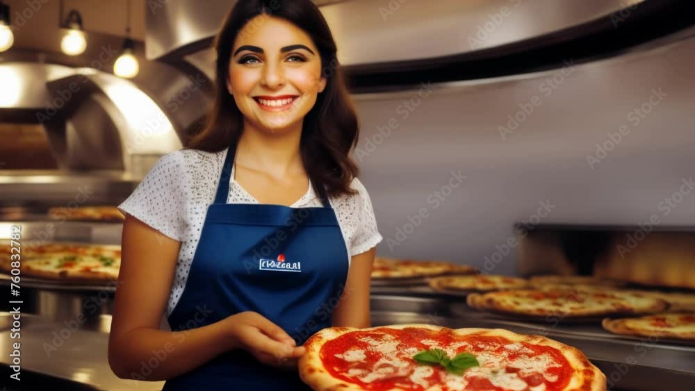 Attractive happy chef girl holding hot pizza in her hands Attractive happy chef girl holding hot pizza in her hands