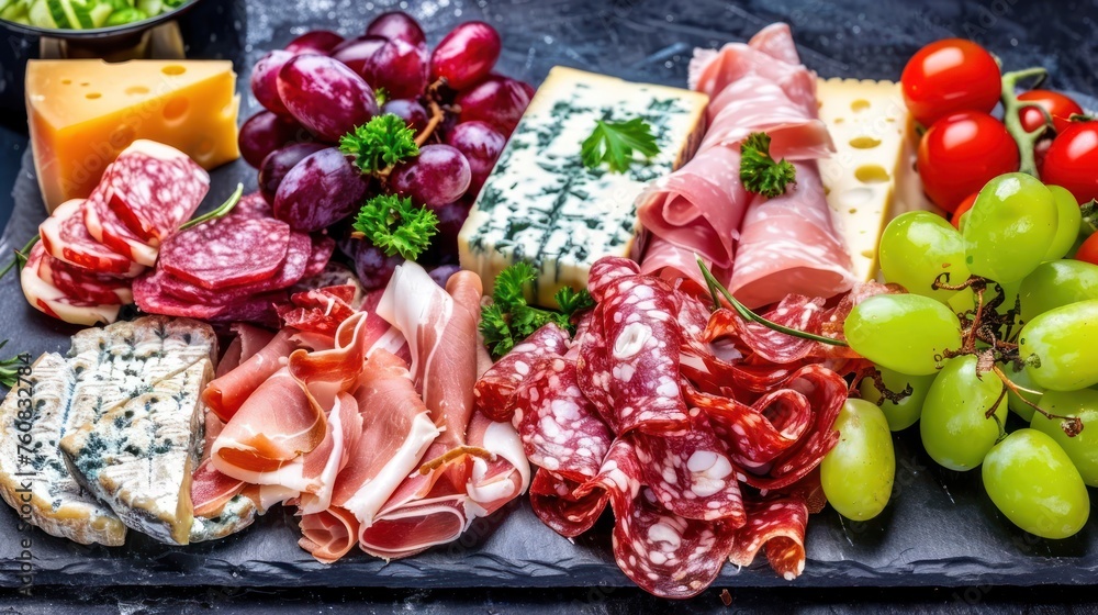 a platter of meats, cheeses, grapes, tomatoes, and other meats and cheeses. a platter of meats, cheeses, grapes, tomatoes, and other meats and cheeses.