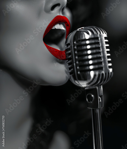 Closeup of a woman singing in a vintage microphone