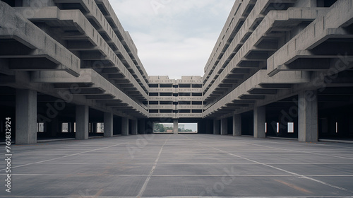 A vast, vacant parking structure, levels ascending into the distance. © Mughal