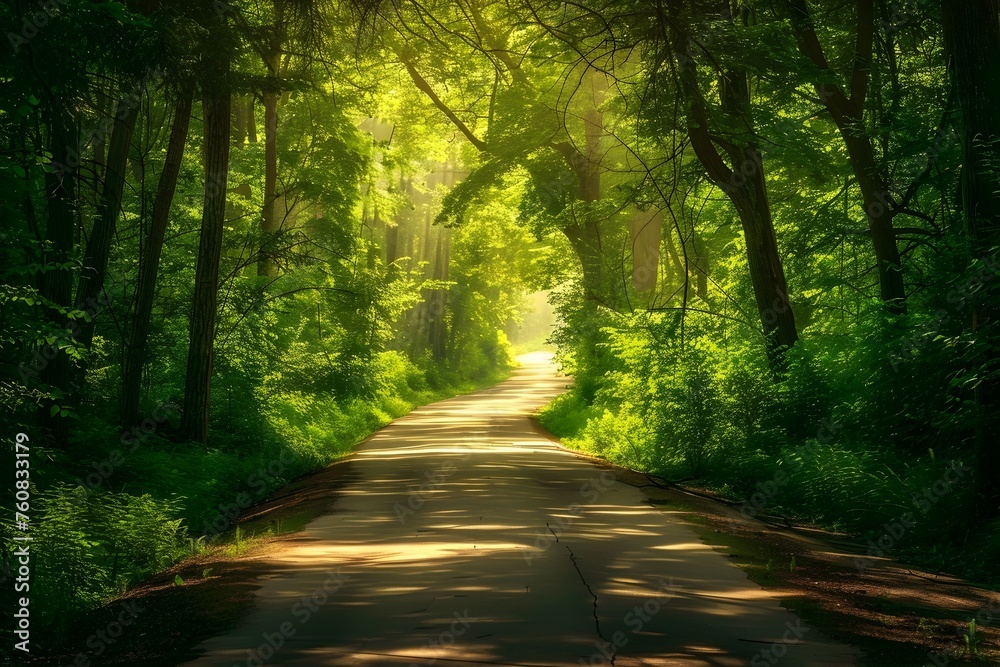 Obraz premium Tranquil Summer Forest Road: A Peaceful Journey Through Nature's Embrace
