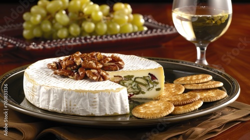a plate of cheese, crackers, and a glass of wine on a table with grapes in the background.