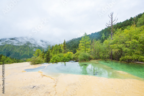 Huanglong colorful pond and spruce trees in Sichuan, China