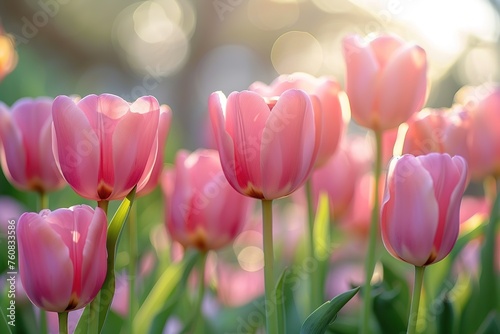 closeup of a field of pink tulips with sunlight on blurred bokeh background  spring blooming wallpaper