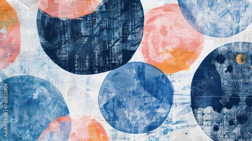 an abstract painting of blue, orange, and pink circles on a white background with a yellow circle in the center. photo