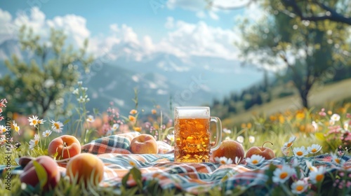 An inviting picnic scene with a glass of nectarine beer on a checkered blanket, surrounded by nectarines and wildflowers in a field