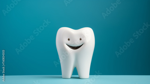Tooth model with smiley face on blue background. Dentistry concept. copy space