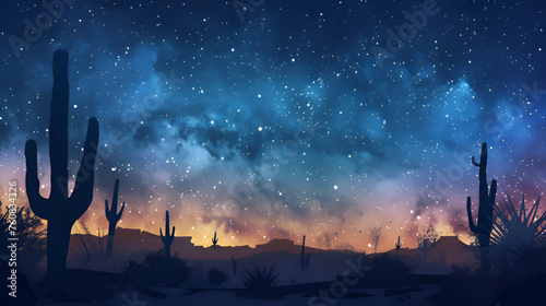 Starry night sky heaven with cactus plant background, copy space 