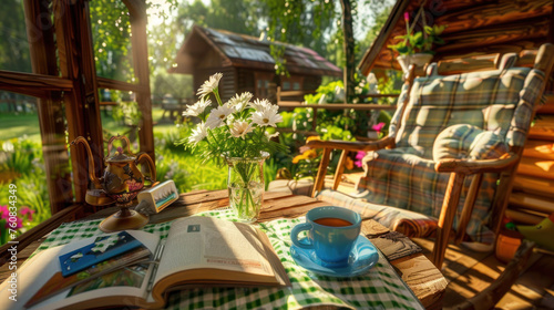 a table with a book, cup of coffee, and a vase of flowers on top of a wooden table. photo