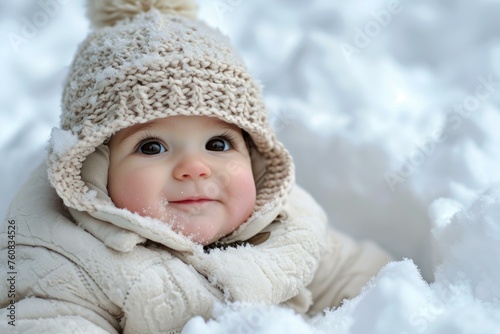 Cheerful Baby sitting. Little baby enjoy winter time. Generate ai