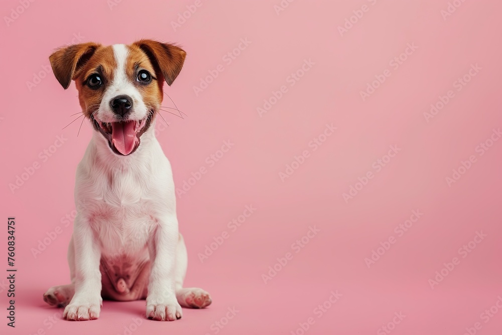small cute white and brown puppy smiling on pink background with copy space