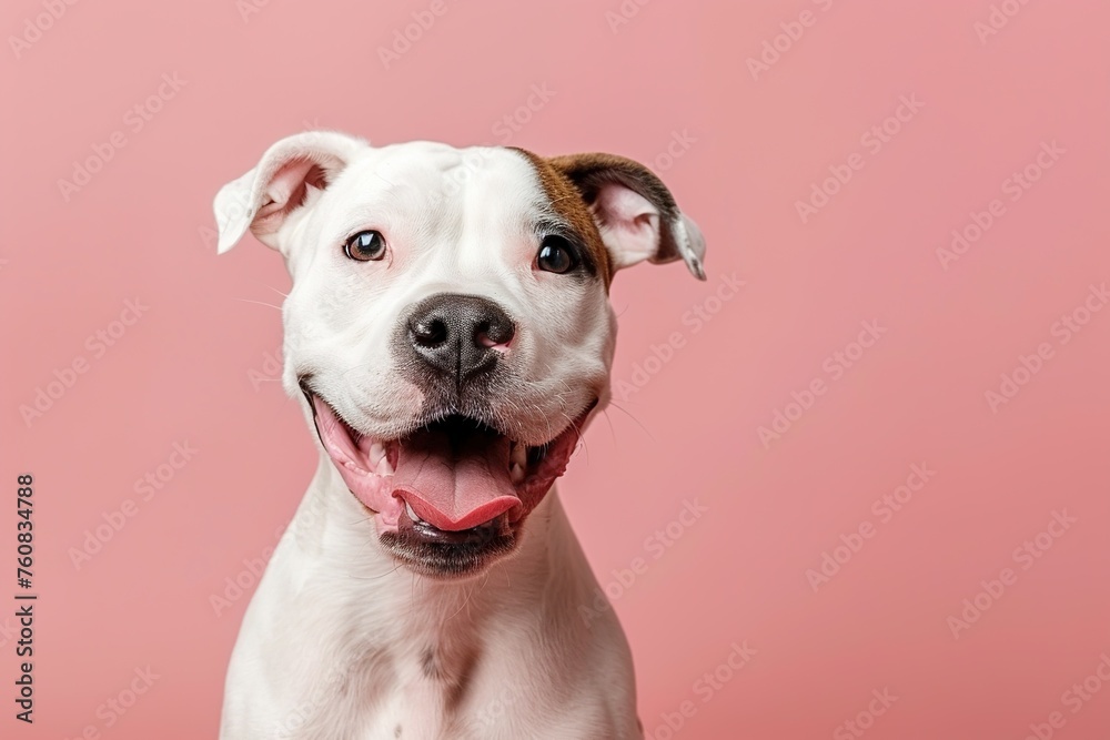 portrait of a adorable smiling white Pitbull on a pink background