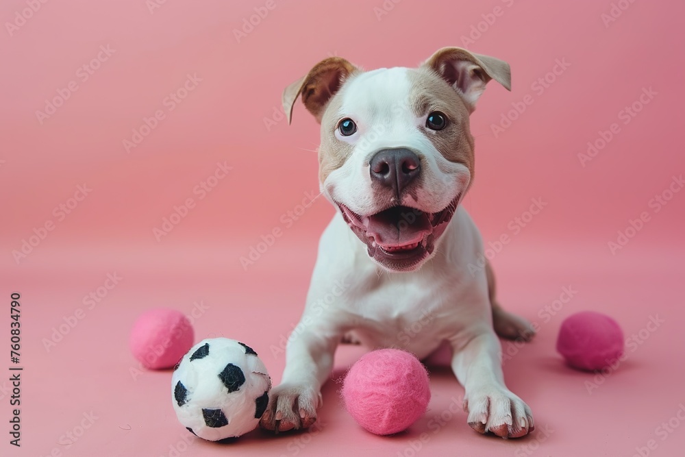 cute young white Pitbull plays with balls on a pink background